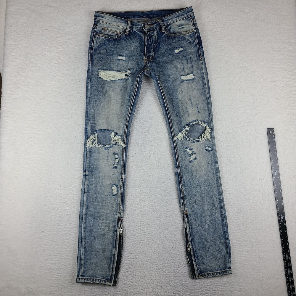 MNML Jeans Mens 31x33 Blue Skinny Ankle Zip Light Wash Distress Button Fly Denim